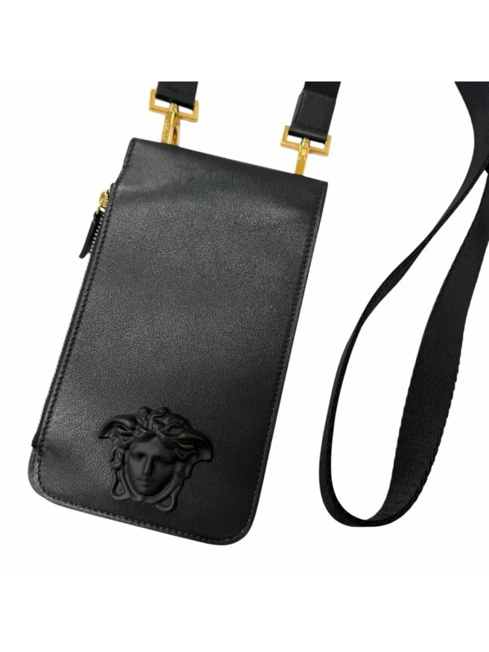 Versace Versa Leather Medu Samochi Shoulder Bag Neck Wallet Black
